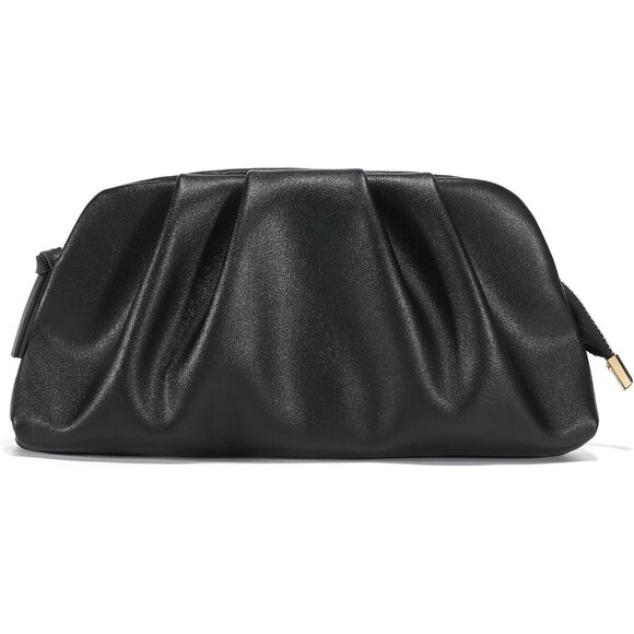 ⚡Women's Soft Pleated Vegan Leather Zipper Closure Evening Black Clutch Bag - Picture 1 of 6